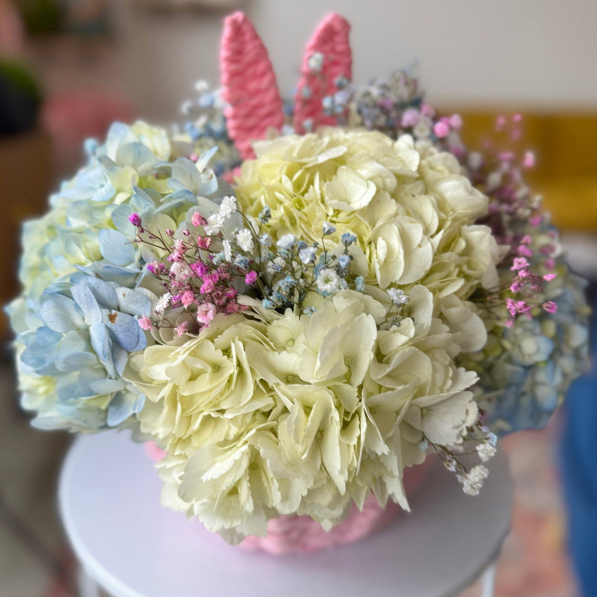 Hydrangea in the pink basket.