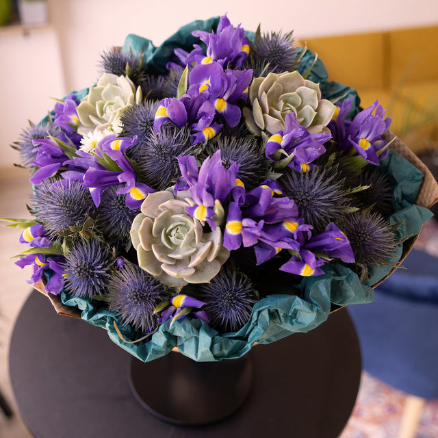 Father's Day bouquet with iris, thistle, and succulent