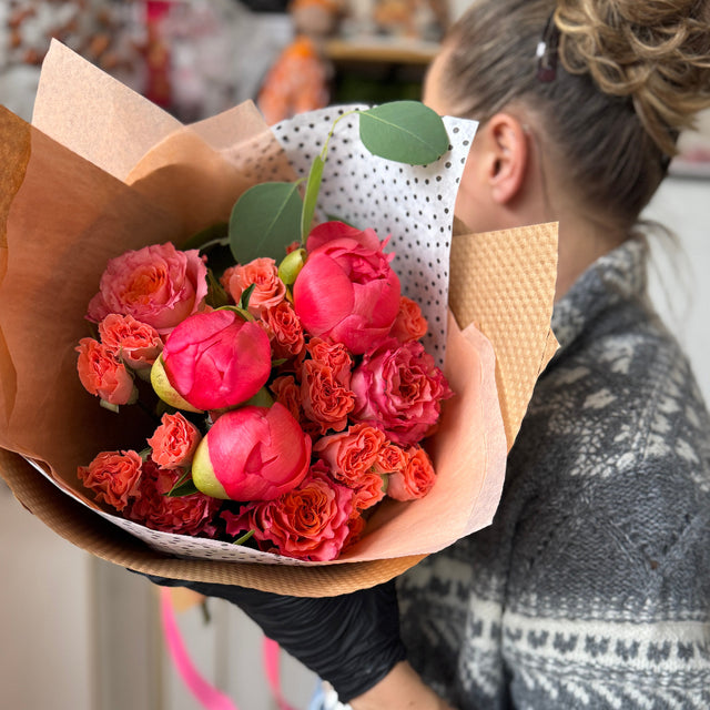 Coral peony and rose bouquet, Springfield VA florist