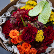 Red, orange, yellow and green fall bouquet of fresh flowers wrapped in Kraft paper