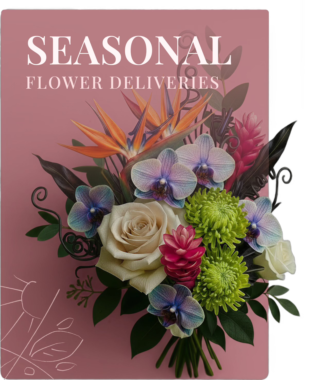 Floral arrangement on a pink background with 'Seasonal Flower Deliveries' text.