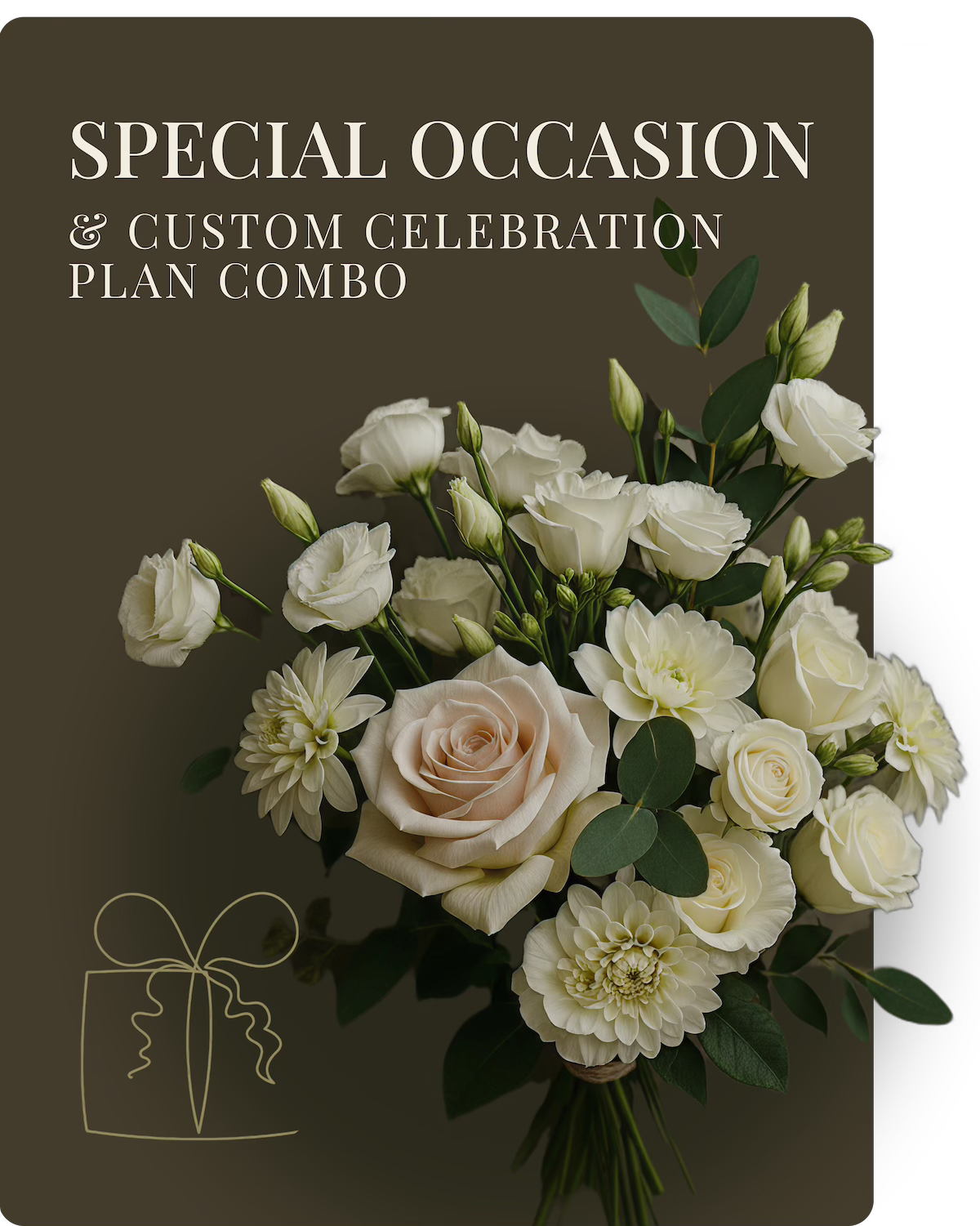 Floral arrangement with text about special occasions and custom celebration plans on a dark background.