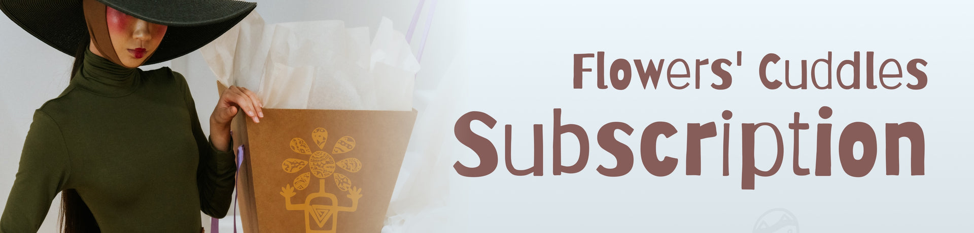 Woman holding a box labeled 'Flowers' Cuddles Subscription' with a white background