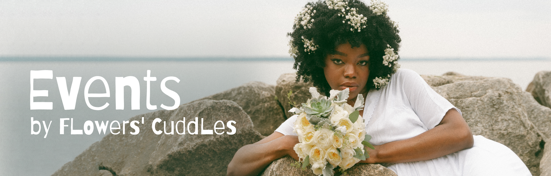 Woman holding flowers with 'Events by Flowers' Cuddles' text overlay