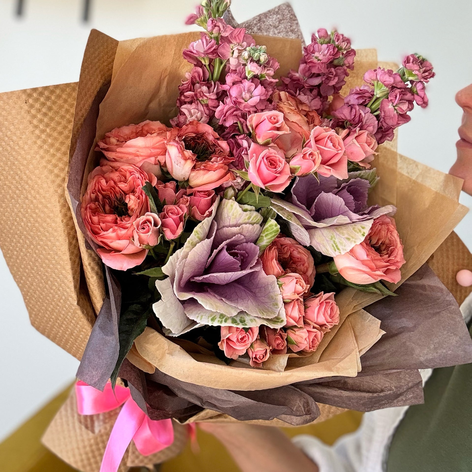 Bouquet of bright purple and pink flowers. 
