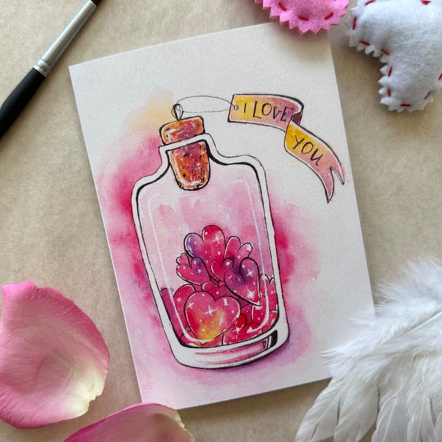 I love you card with glass bottle