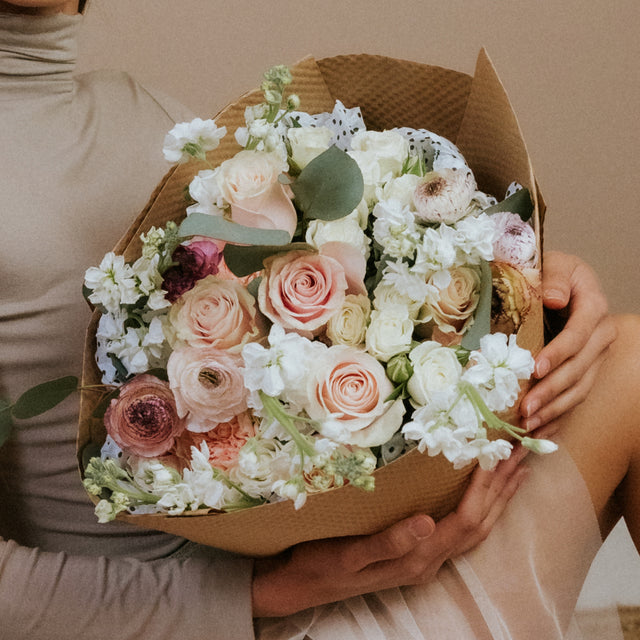 Love Bubble Bouquet with Roses, Spray Roses, Ranunculus
