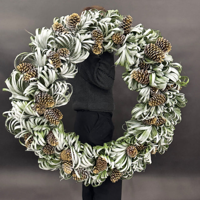 Large 35-inch holiday wreath made from palm leaves and golden pinecones with snowy accents.