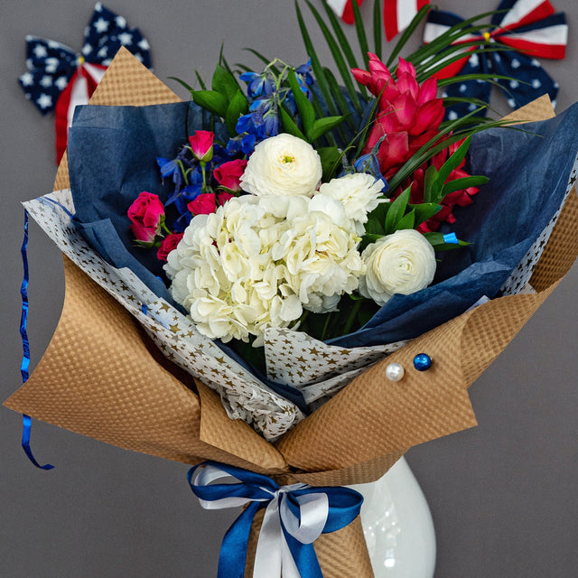 Patriotic flower bouquet for 4th of July.