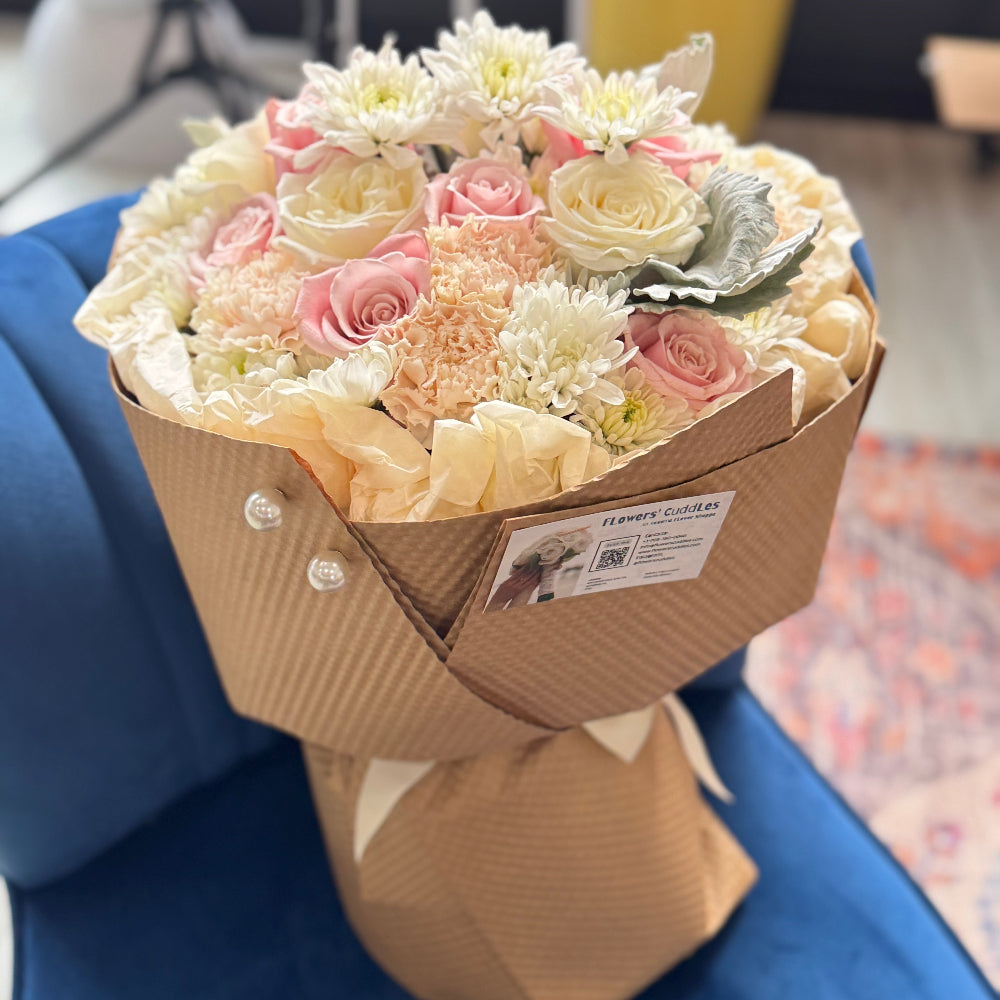 Romantic pink and white Sugar Rose bouquet for birthdays or anniversaries.