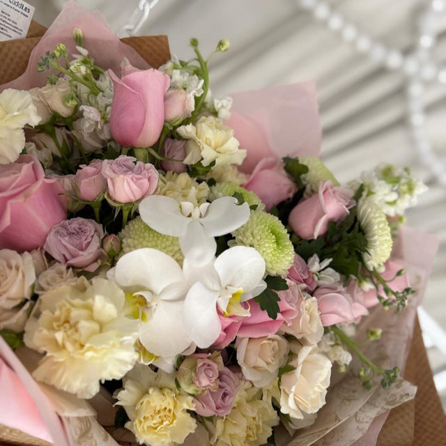 Stylish Lace & Roses bouquet ready for delivery in Springfield, VA.