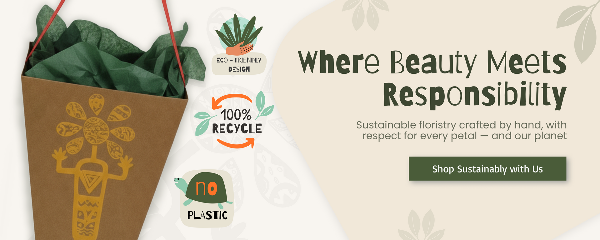 Sustainable product packaging with recycling and eco-friendly branding on a beige background.