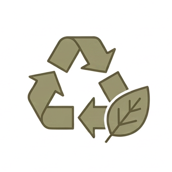A flat icon of a recycling symbol with a leaf, shown in muted olive green on a white background.