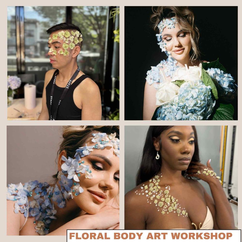 A collage of four images featuring three women and one man with floral body art, showcasing colorful flowers glued to their bodies. All four individuals display joyful expressions.