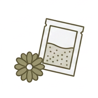 A simple line-style illustration of a small sachet with a flower icon beside it on a plain white background.