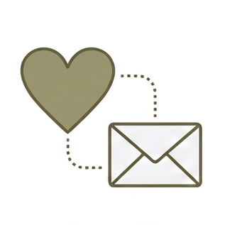 A minimalist icon showing a muted olive heart connected by a dotted line to an outlined envelope on a white background.