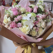 Luxury floral gift Lace & Roses with cream carnations and pastel pink flowers.