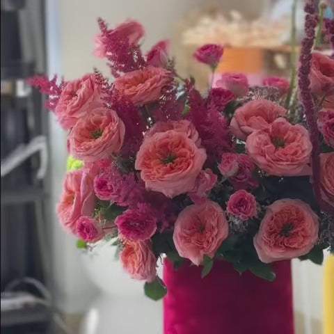 Oversized Grand Amour arrangement with premium roses, astilbe, and hanging amaranthus.