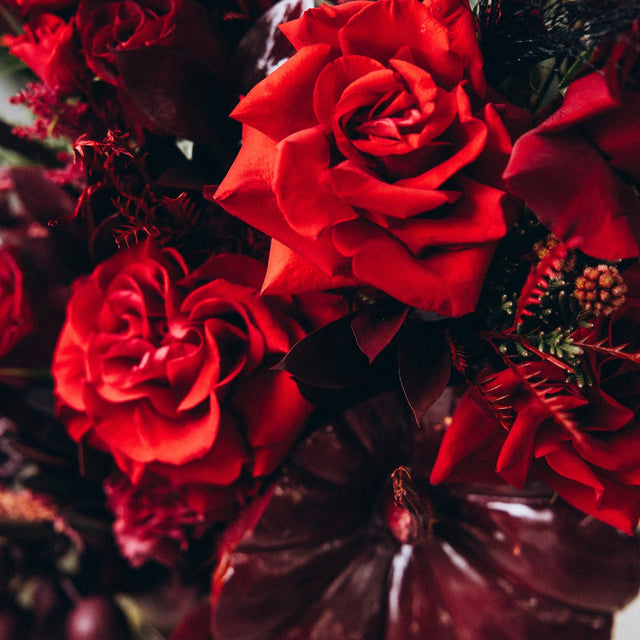 Close-up of luxurious red roses and deep burgundy blooms in a unique Thanksgiving centerpiece.
