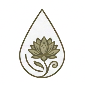 A teardrop-shaped emblem or patch featuring a stylized lotus flower in muted olive green and brown on a white background, outlined in dark brown.