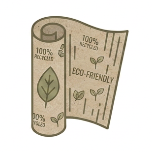 An illustrated eco-friendly recycled paper roll with a partially unrolled sheet showing text like '100% Recycled' and 'Eco-Friendly' on a plain light background.